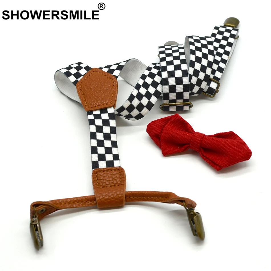 Checkered Suspenders Boys Formal Designer Suspenders Bow Tie Children 4 Clips Adjustable Kids Braces Leather Deco