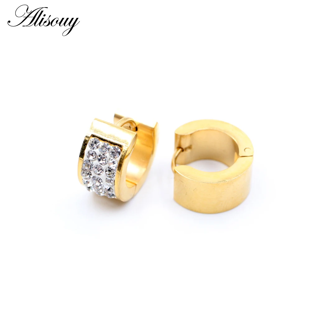 Alisouy 2pcs Stainless Steel Gold Color Crystal Zircon CZ Huggies Ear Earring Women Men Circle Hoop Earrings Piercing Jewelry