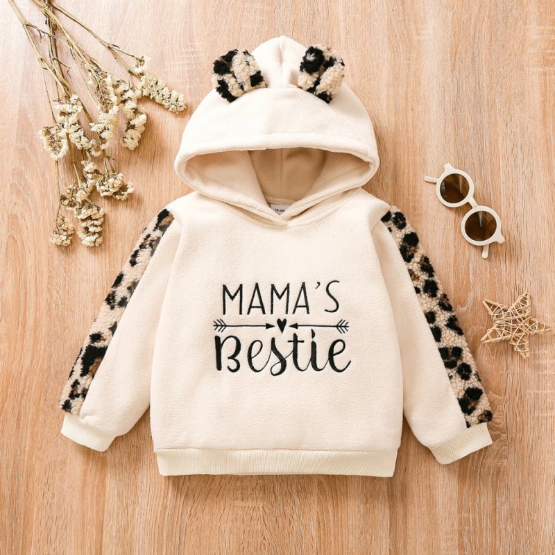 Kawaii Leopard Hoodies Kids Letter Print Sweatshirt Bear Ear Autumn Winter Warm Pullover Long Sleeve Outwear Baby Thick Hoodies