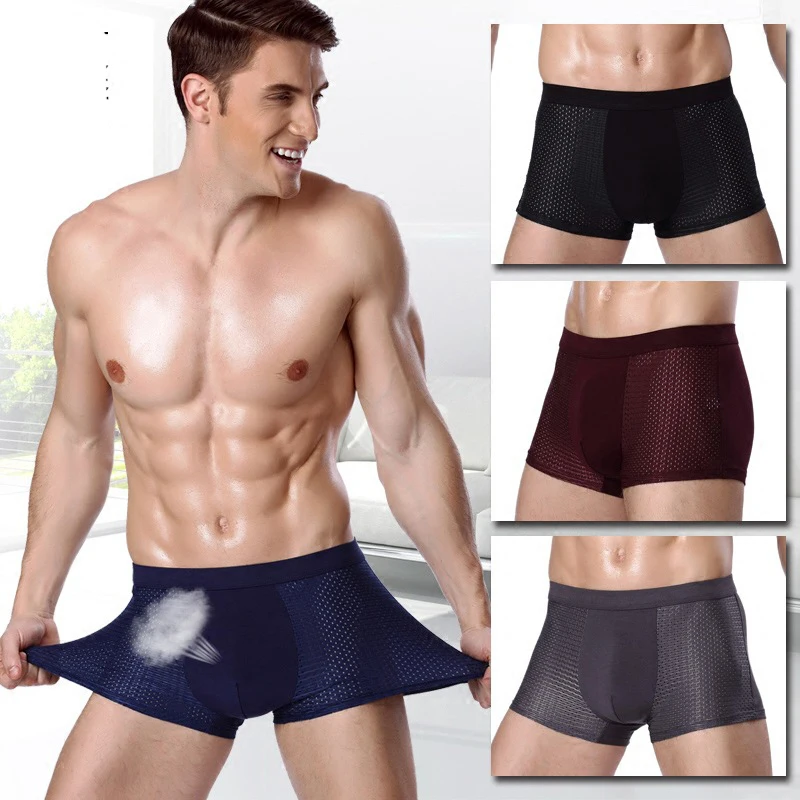 Men\'S Panties Underwear Boxers Shorts Men Slip Homme Boxershort Underpants Mesh Breathable Bamboo Fiber Boxer Summer Solid Color