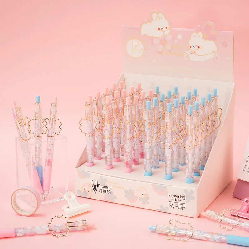 

36 pcs/lot Kawaii Sakura Rabbit Press Mechanical Pencil Cute 0.5mm Student Automatic Pen For Kid School Office Supply