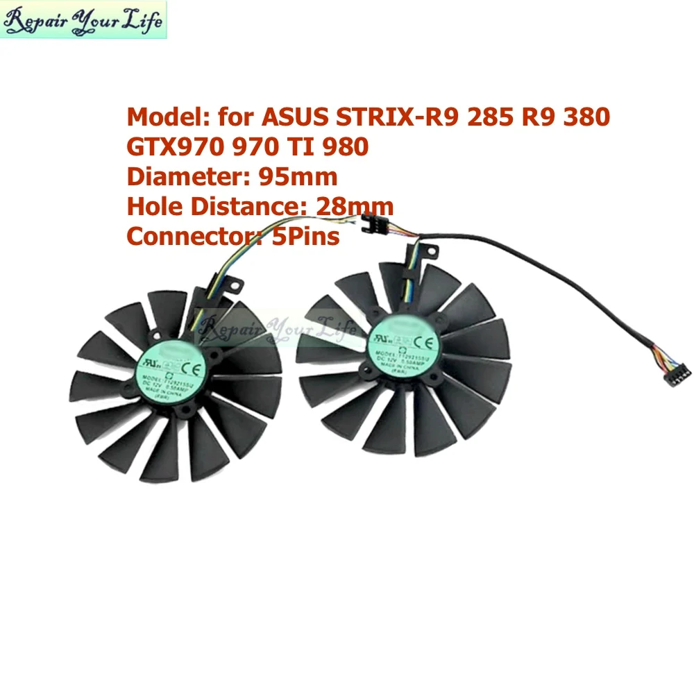 PLD10015S12H 95mm VGA GPU Fans Cooler for ASUS GTX970 GTX 970 TI 980 780 STRIX-R9 285 380 FD10015H12S FD9015U12S DC12V 5Pins