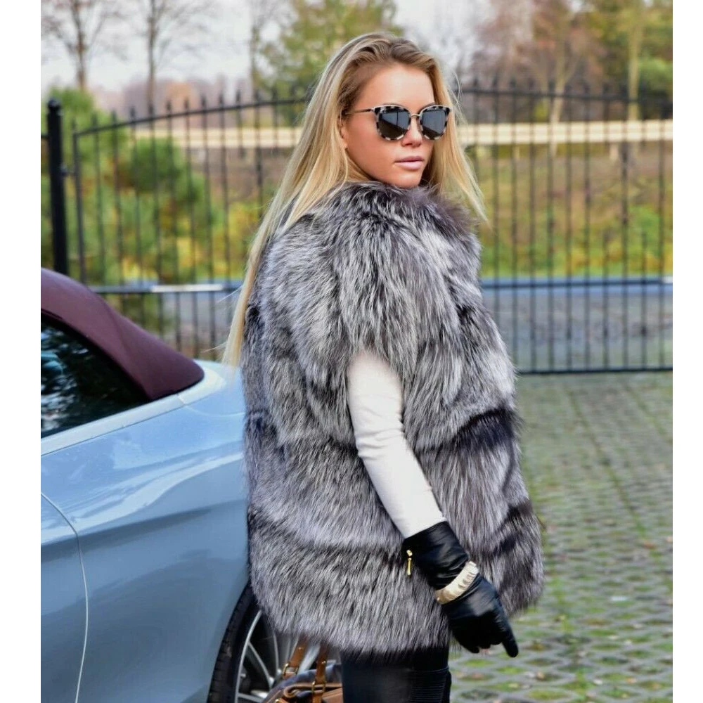 Women Natural Silver Fox Fur Coat Short Sleeve Stand Collar Winter New High Quality Genuine Fox Fur Jacket Female Outwear
