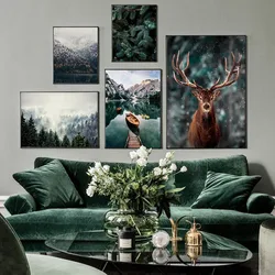 Nordic Fog Forest Deer Animal Wall Art Canvas Mountain Lake Landscape Poster Living Room Nature Pictures Home Decoration