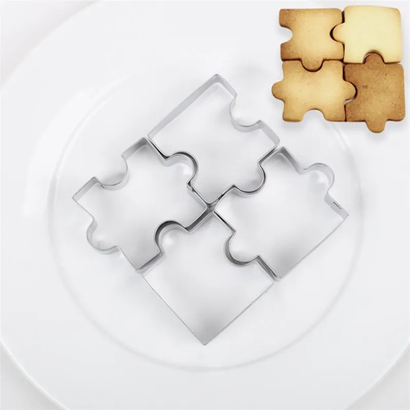 4Pcs 3D Stainless Steel Cookie Puzzle Shape Cookie Cutters Toast Cutter DIY Biscuit Dessert Bakeware Cake Fondant Mold Tools