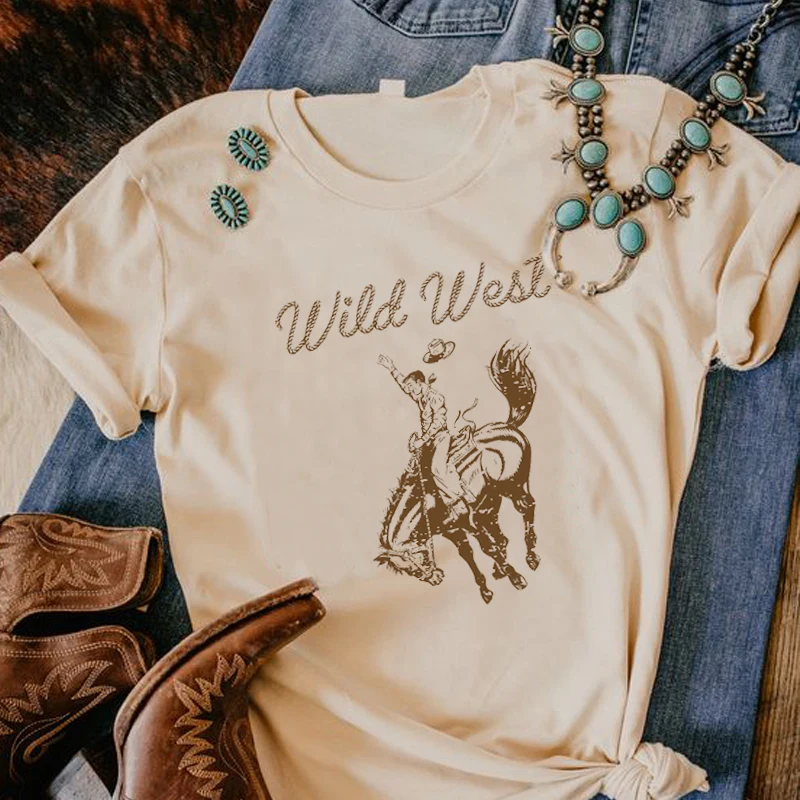 kuakuayu HJN Summer Fashion Cowboy Vintage T-shirts Wild West Western Retro T Shirt Women Boho Style Short Sleeve Graphic Tees