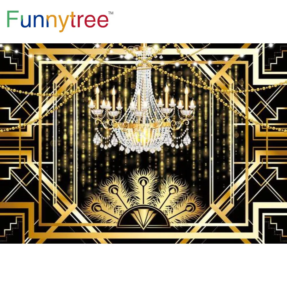 

Funnytree Great Gatsby Happy 20 30 40 18th Birthday Party Luxurious Background Black Gold Lights Customize Celebration Backdrop