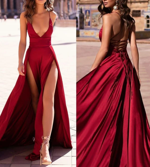Abiti da sera Sexy con spacco frontale in raso bordeaux lungo abito da cerimonia formale Abendkleider con scollo a v al pavimento bordeaux per donna AliExpress