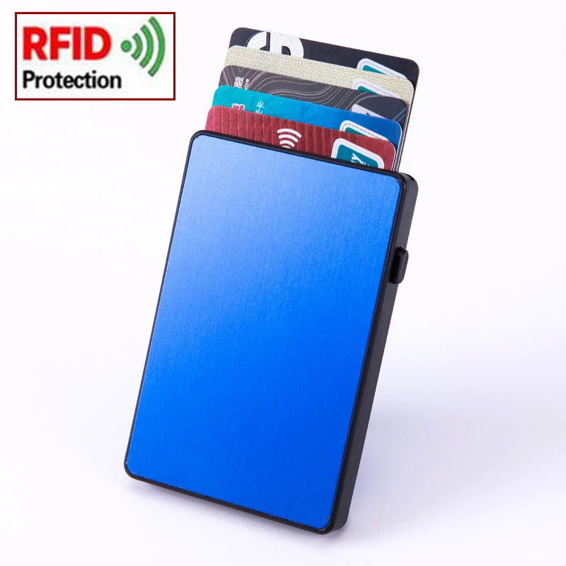 Blue Slim Men's Aluminum + Plastic RFID Card Wallet Thin Pop Up ID RFID Card Holder For Man Metal Card Case For Women Female