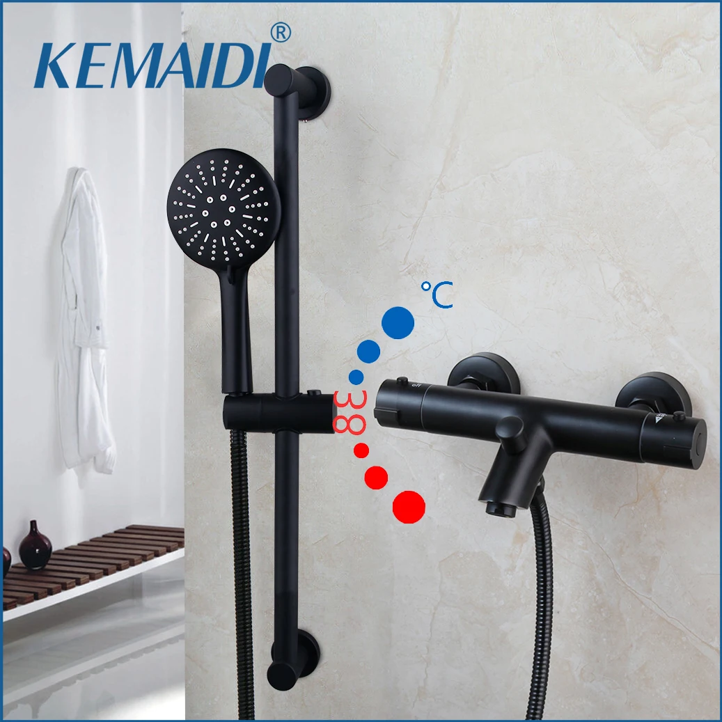 

KEMAIDI Matte Black Bathroom Thermostatic Shower Kit Rainfall Shower Held Wall Mounted Bathtub Shower Mixer Faucet Set