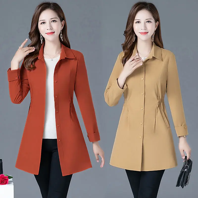 Spring Autumn Trench Coat Slim Single Breasted Trench Coat Woman Trench Coat Solid color Elastic waist Windbreakers Overcoat