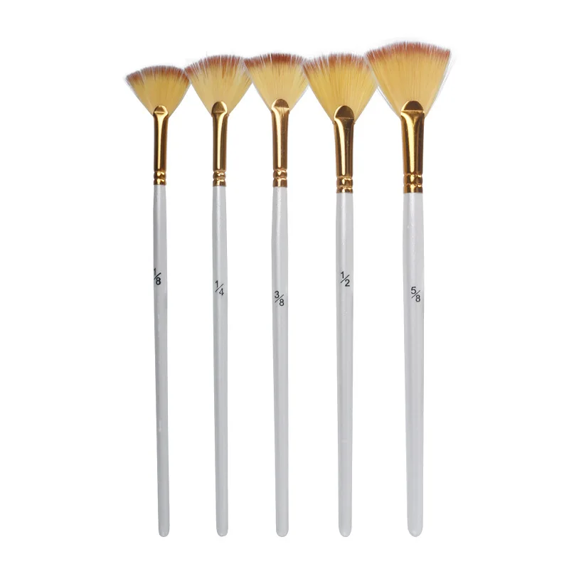 5 pcs set student short-wood pole fan shape paint brush white gouache water painting bicolor nylon hair acrylic oil painting pen