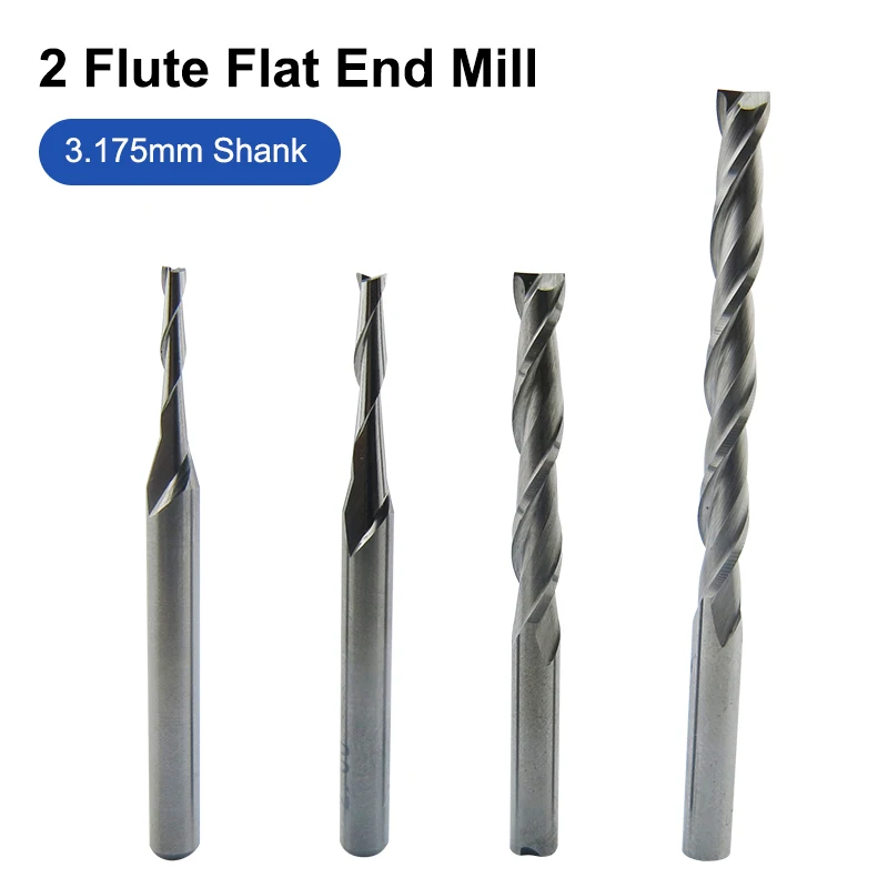 Flat End End Mill 3.175mm Shank Tungsten Carbide 2-Flute Spiral Milling Cutter CNC Router Drill Bit Woodworking Engraving Cutter