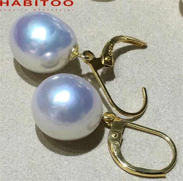 HABITOO Luster 14-15mm Real Natural White Freshwater Drop Pearl Earrings for Women Jewelry 14k Gold Metal Earrings Gift