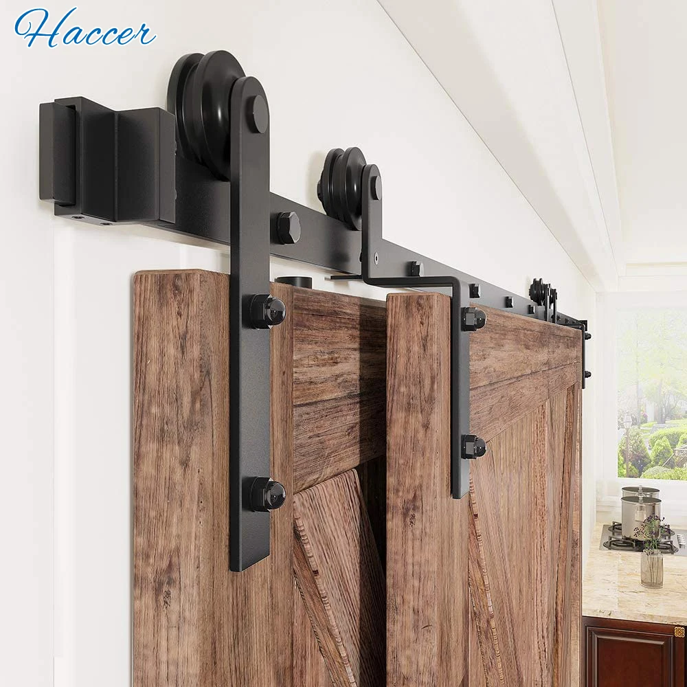 Haccer I-Shaped Bent Sliding Barn Door Hardware 4-16FT Black Track Roller System for Kitchen Door Intreior Door