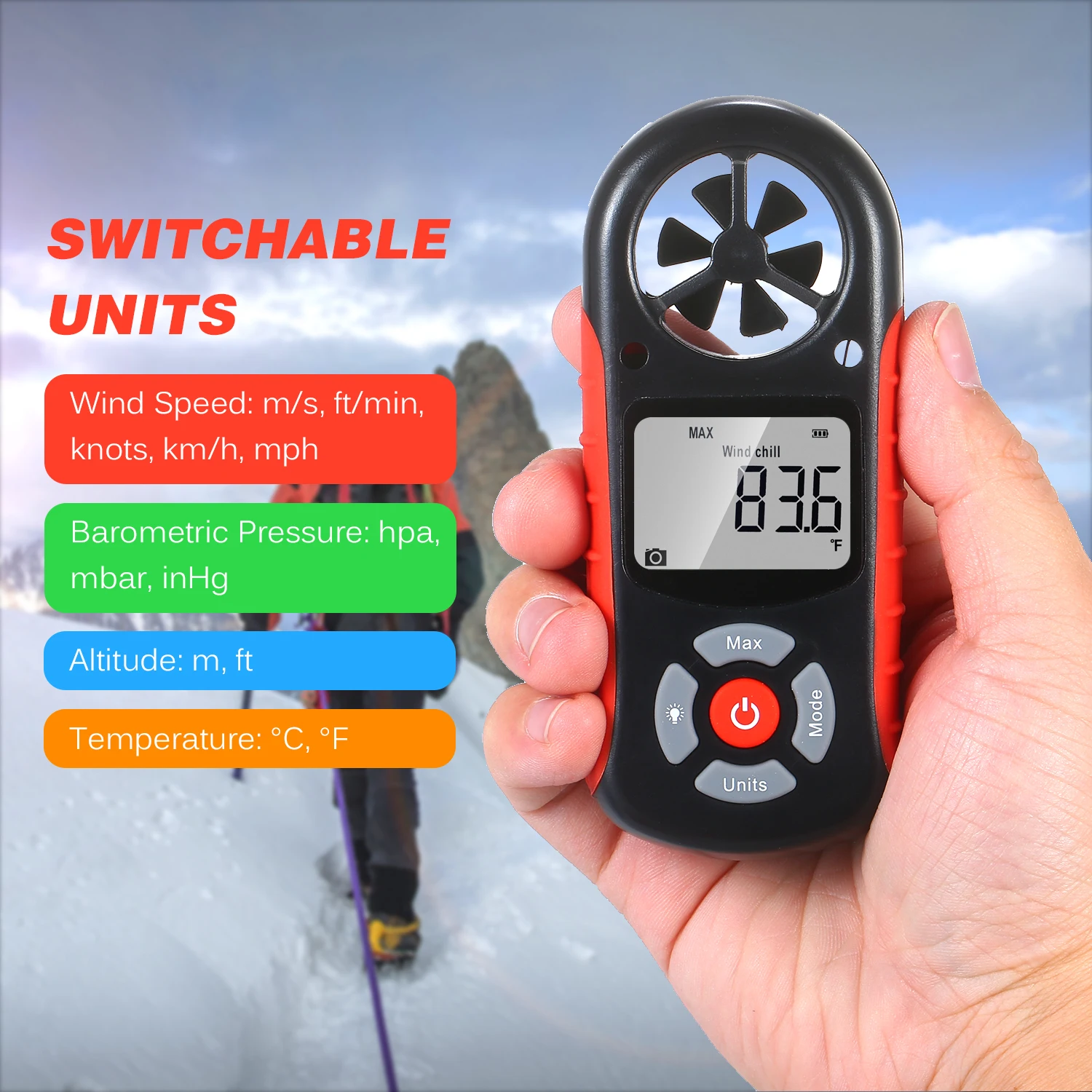 Handheld Digital Anemometer Wind Speed/Wind Chill/Temperature/Humidity/Heat Index/Dew Point/Barometric Pressure/Altitude Meter