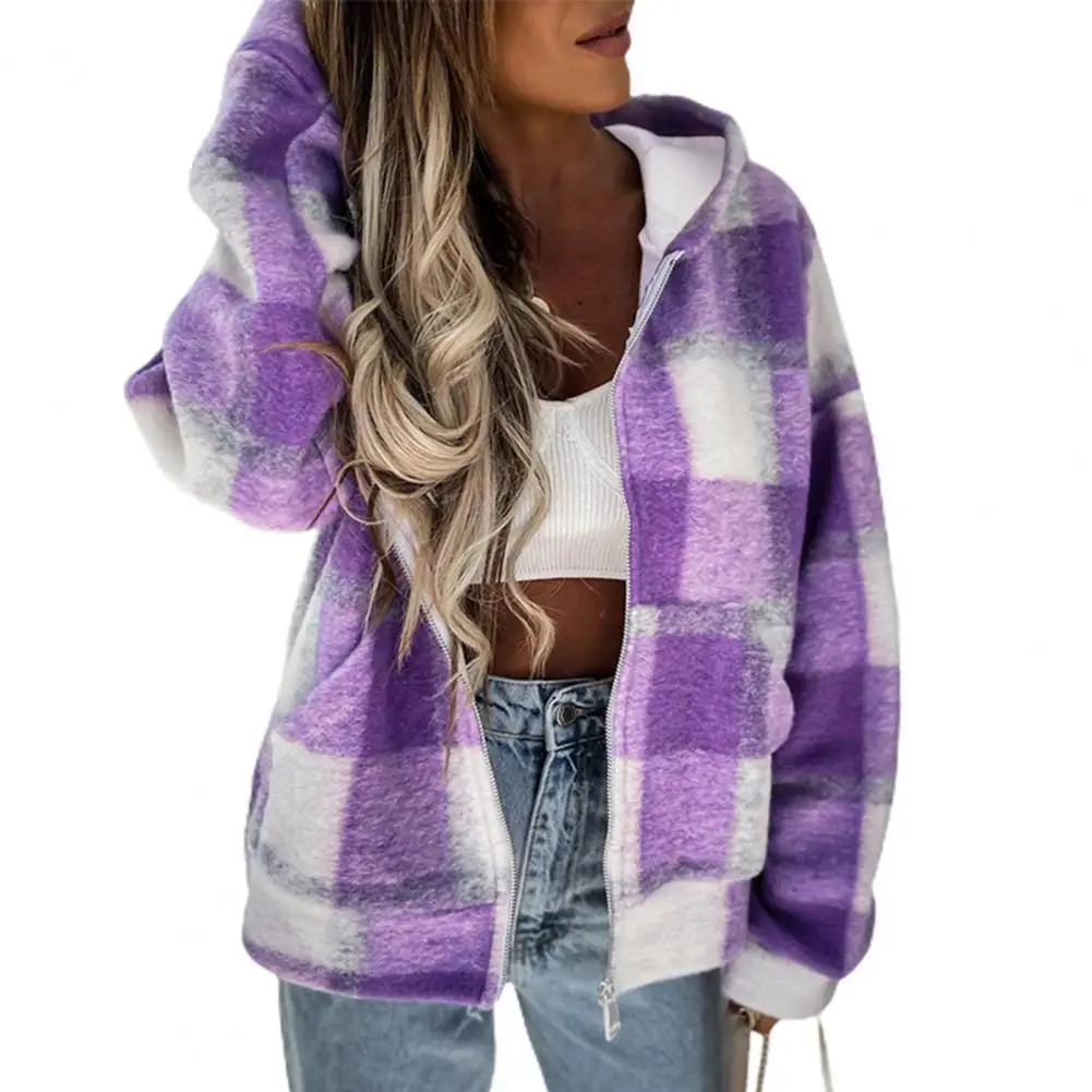 Women Hooded Jacket Plaid Fleece Sweater Coats Sport Warm Outwear Thick Female Clothing Hooded Autumn Spring Jackets