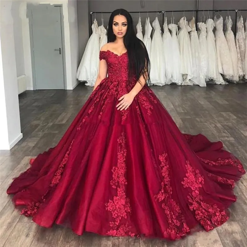 E jue shung vestidos de casamento vermelho escuro do vintage fora do ombro rendas apliques rendas até voltar vestido de baile vestidos de noiva