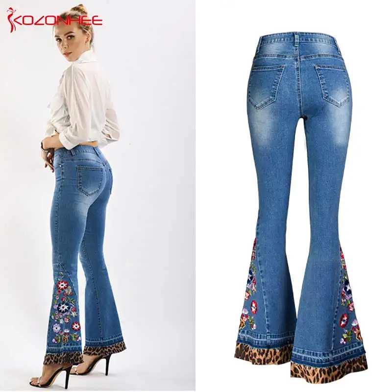 Embroidery Leopard Patchwork Flare Jeans Women Elasticity Bell-Bottoms Released Hem Jeans Stretching women Jeans Large Size #09