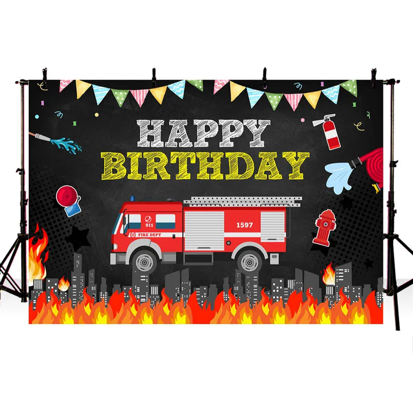 Feuerwehrauto Geburtstag Party Hintergrund Feuerwehrmann Feuerwehrauto Feuerwehrmann Junge Geburtstag Dekoration Photo Booth Fotografie Hintergrund