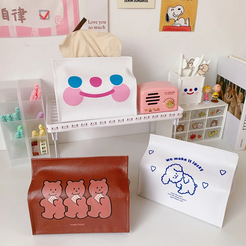 

PU leather tissue box cartoon cute smiling bear household car wash towel pumping napkin paper bag holder kitchen office 1PCS