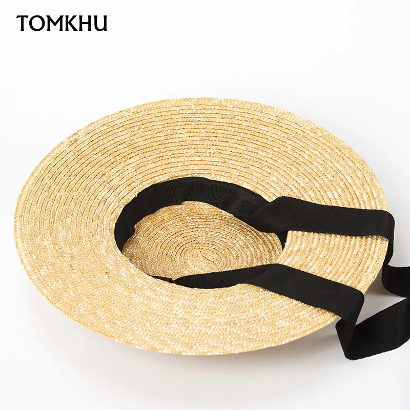 New Wide Brim Sun Hats 15cm Brim Boater Straw Hat Flat Women Summer Derby Chapeau Hat White Black Ribbon Tie Sunscreen Beach Cap