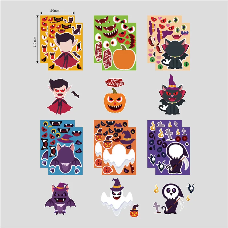 6/12/24Sheets Funny Puzzle Stickers For Kids DIY Your Own Halloween Facial Expression Assemble Stickers Boys Girls Party Gifts