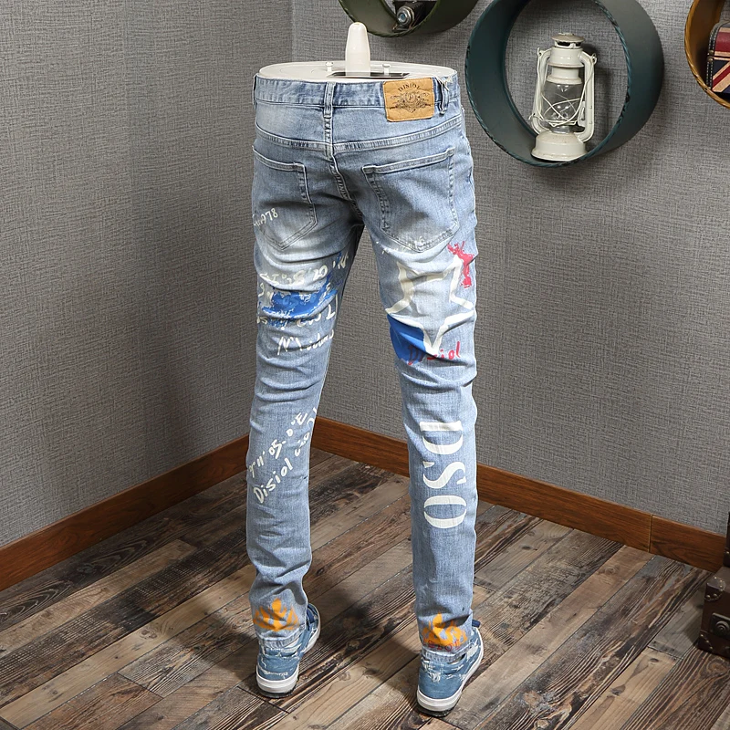 Fashion Printed Light Blue Jeans Men Streetwear Casual Straight Slim Fit Pants Cotton Denim Trousers