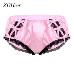 Mens Shiny Sissy Briefs Underwear Soft Ruffled Floral Lace Satin Lingerie Low Rise Gay Men Panties Stretchy Bikini Thongs