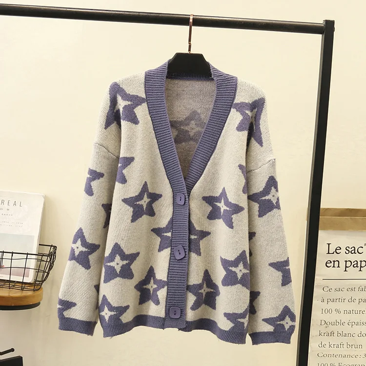 2021 Autumn Women Cardigans Casual Loose Knit Sweater Single-breasted V-Neck Star Cardigans Women Femme Tops Outwear