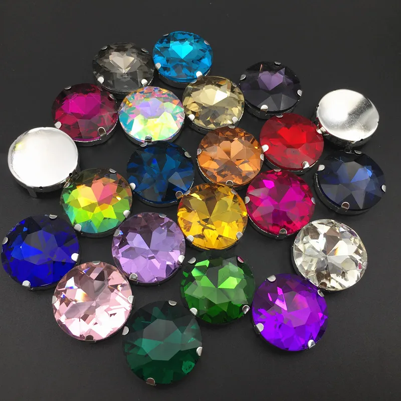 7pcs Sew On Glass Crystal Round Baoshihua With Claw Rhinestone Multi Colors 27mm Sew-on Stone Flat Top