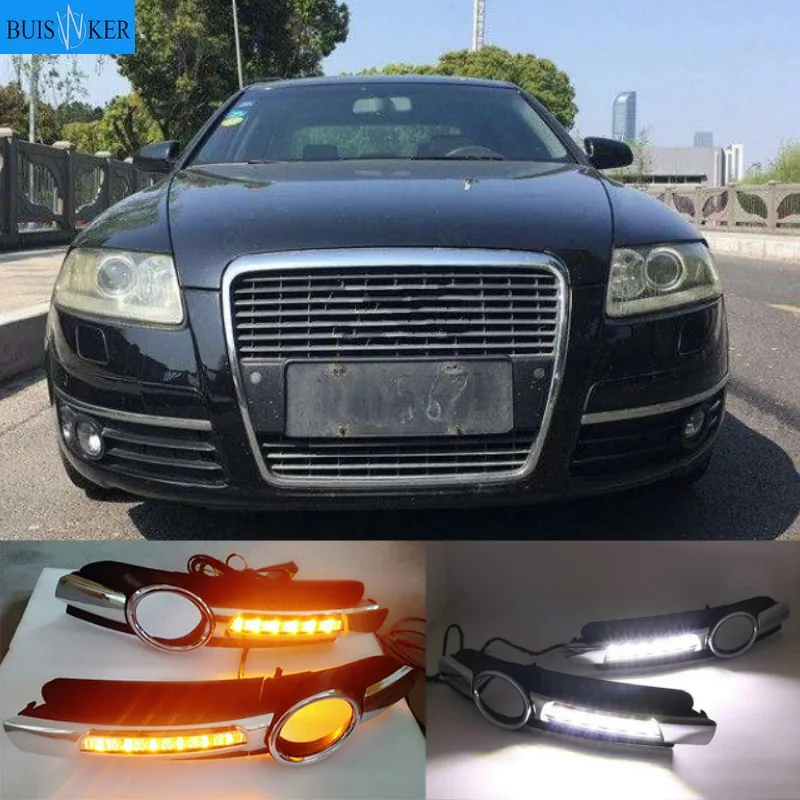 

2Pcs For AUDI A6 C6 2005 2006 2007 2008 LED DRL Daytime Running Lights 12V ABS Fog Lamp Hole With Yellow Turn Signal