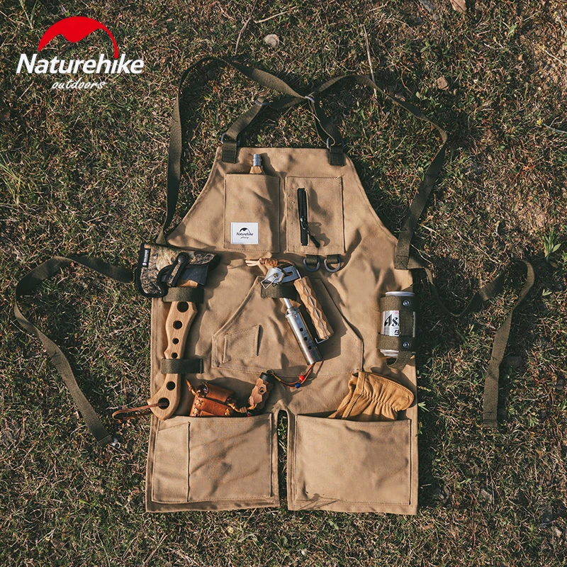 Naturehike Camping Unisex Work Apron Outdoor Tool Storage Ultralight 350g Canvas Kitchen Apron Cross-Back Straps Adjustable