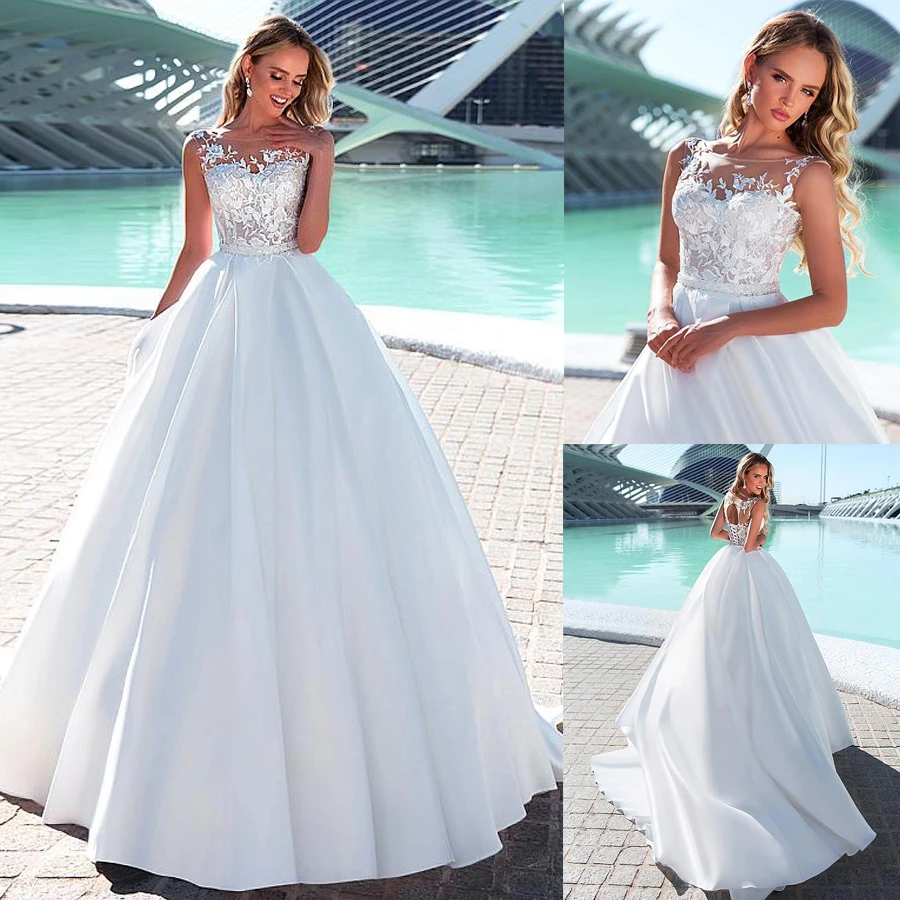 Tinh Tế Voan & Satin Bateau Cổ Chữ A Váy Áo Chiếu Trúc Hạt Tất Phối Ren Đầm Cô Dâu Vestidos De Casamento