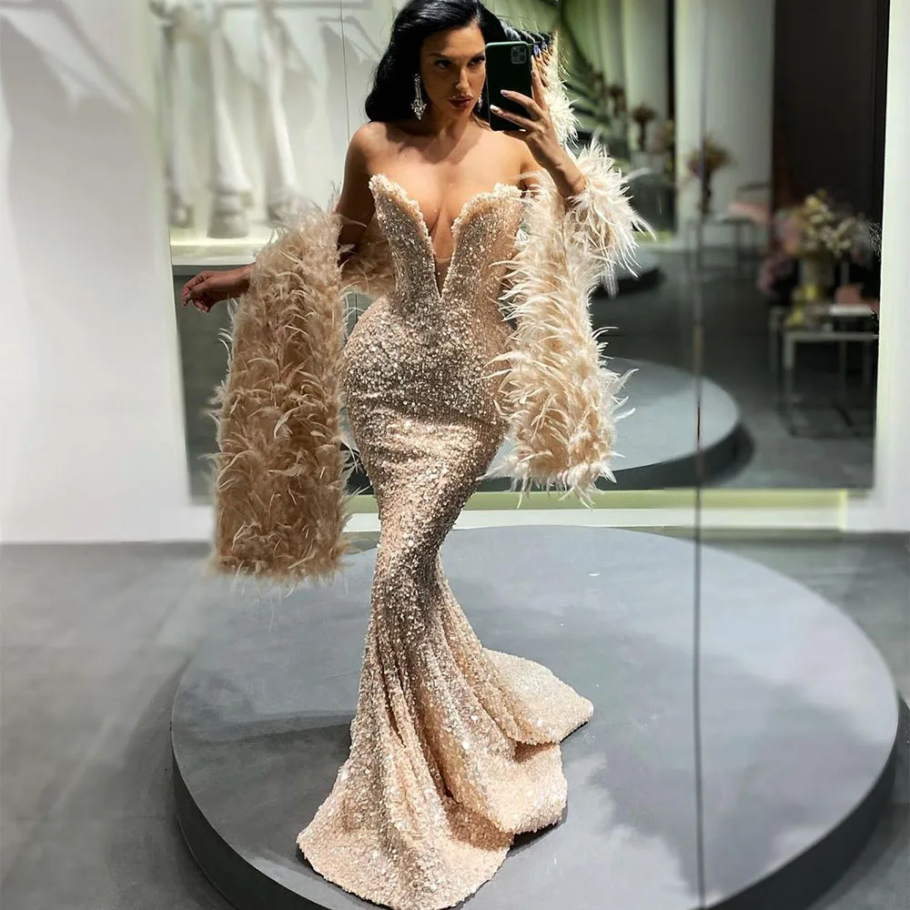 Sevintage Glamorous Feathers Mermaid Sequin ชุดราตรี V คอดูไบผู้หญิง2021ชุดราตรีคนดังอย่างเป็นทางการ