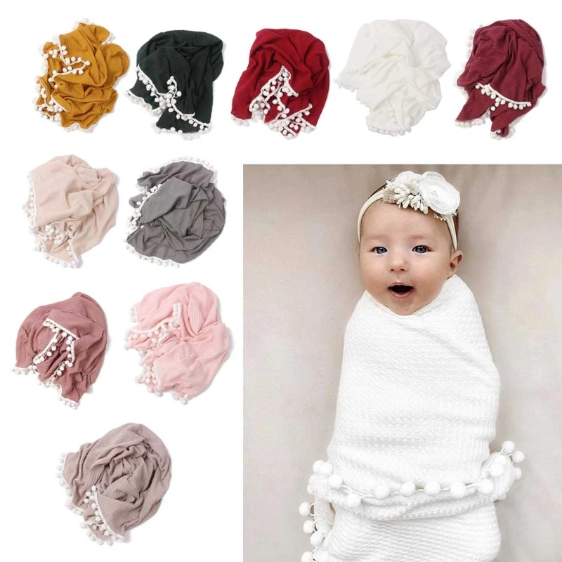 Baby Soft Cotton Receiving Blanket Waffle Knitting Hairballs Tassel Swaddle Wrap