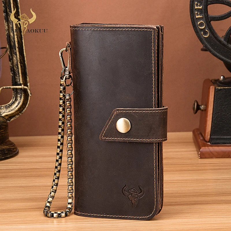 

New Unisex Thick Leather Vintage Gift Long Checkbook Organizer Standard Chain Men's Wallet Travel Purse Designer Clutch 8645