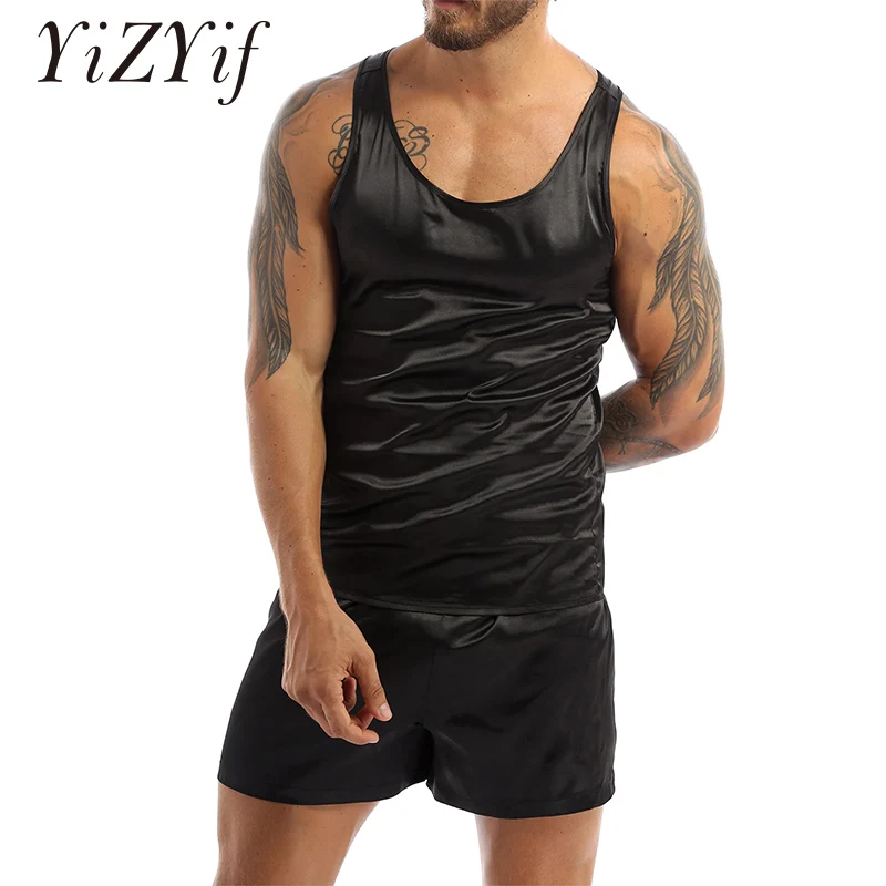 Men Satin Underwear Pajamas Nightwear Sleeveless Tank Top Shorts Sleepwear Nightclothes Summer Nightgown Loungewear Nightwear