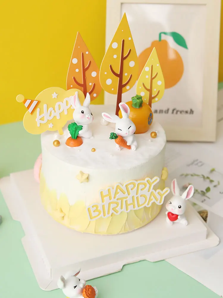 Rabbit Birthday Anim Cake Topper Happy Birthday Kid Rabbit Carrots Heart Baby Kid Favors Animals Party Cakes Baby Shower Gifts