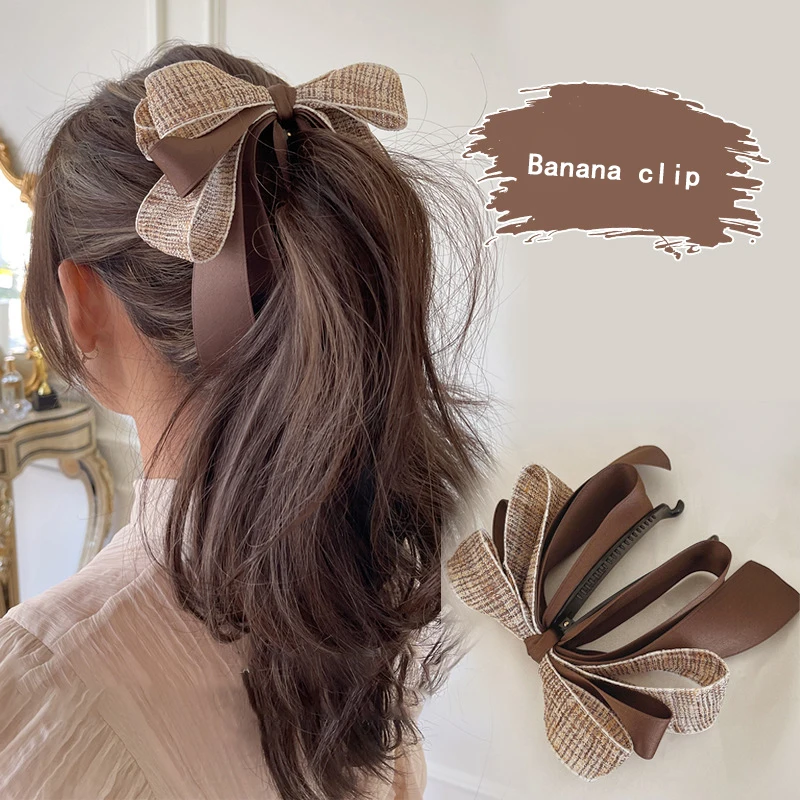 High Ponytail Hair Clips For Girls Sweet Bowknot Ribbon Banana Clip Hair Tie Hair Accessories Gift Women Hairpin Scrunchies