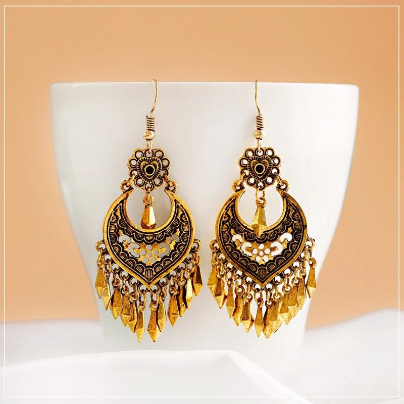 Bohemia Retro Gold Color Earring For Women Gypsy Flower Tassel Dangling Earrings Turk Jhumka Indian Jewelry