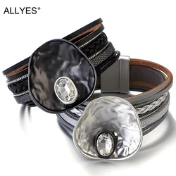 ALLYES Leather Bracelets for Women Crystal Trendy Gun Black Metal Enamel Charm Wide Cuff Bracelet Statement Jewelry