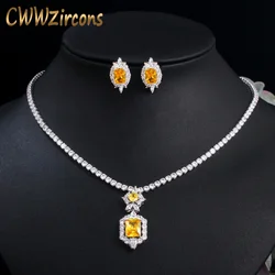 CWWZircons Shiny Yellow Cubic Zirconia Stone Round Tennis Necklace and Earrings Set for Women Party Dress Jewelry Accessory T443