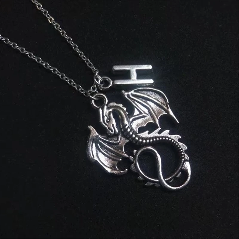 Fashion Personality Dragon Necklace Fire Dragon Pendant Necklace Silver Color Necklace with 1 Initial