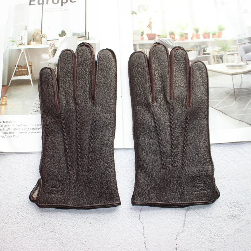 New Deerskin Gloves Men's Leather Outer Stitched Striped Retro Motorcycle Riding Driving Autumn and Winter Wool Knitted Lining