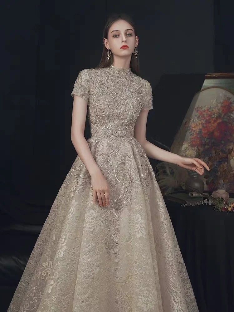 Robe de Soirée Longue en Dentelle à Manches Courtes, Tenue Luxueuse, Élégante, Perlée, Col Haut, Ligne A, Mariage, Bal de Célébrité, Quelle que soit