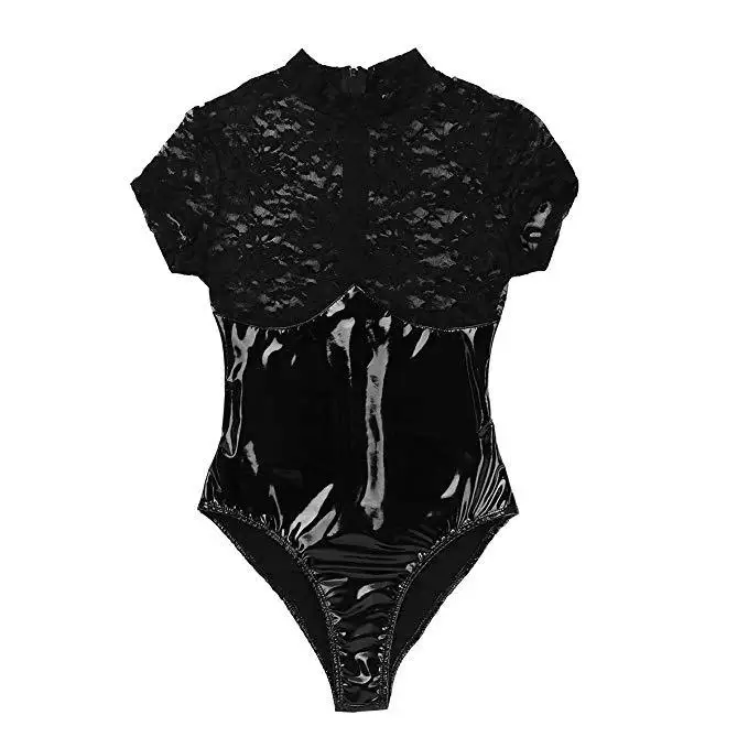 Glossy Faux Leather Women Sex Catsuit Sexy Lingerie Transparent Female Bodysuit Hot Erotic Underwear Ladies See Through Leotard