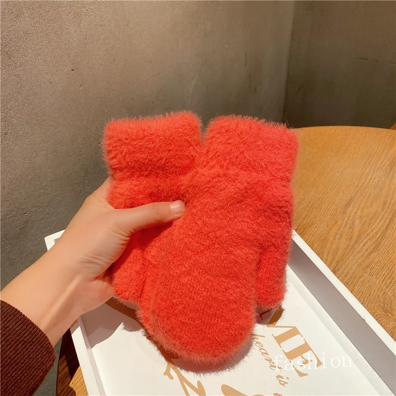 Simple Style Knitting Wool Plus Velvet Thicken Full Finger Women Winter Mittens Gloves Hairy Cute Lovely Sweety Keep Warm Soft