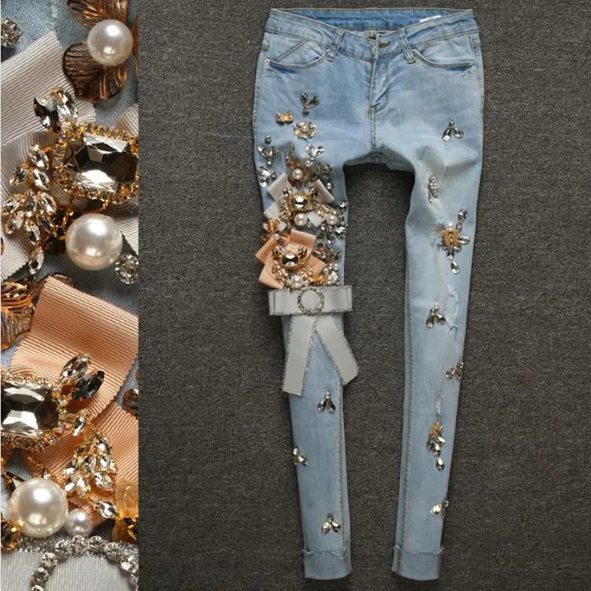 Spring autumn Stretch Thin Denim Pencil Slim Elastic Ladies Fashion skinny Luxury Beading Diamond Ripped Jeans