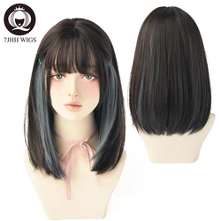 7JHH WIGSTORE 2021 NEW Style Top Black Double Colors Blue Brown Long Straight Hair For Girls Daily Wear Wig Women's Cosplay Hair